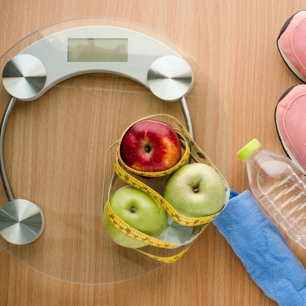 fruits, scale, and water