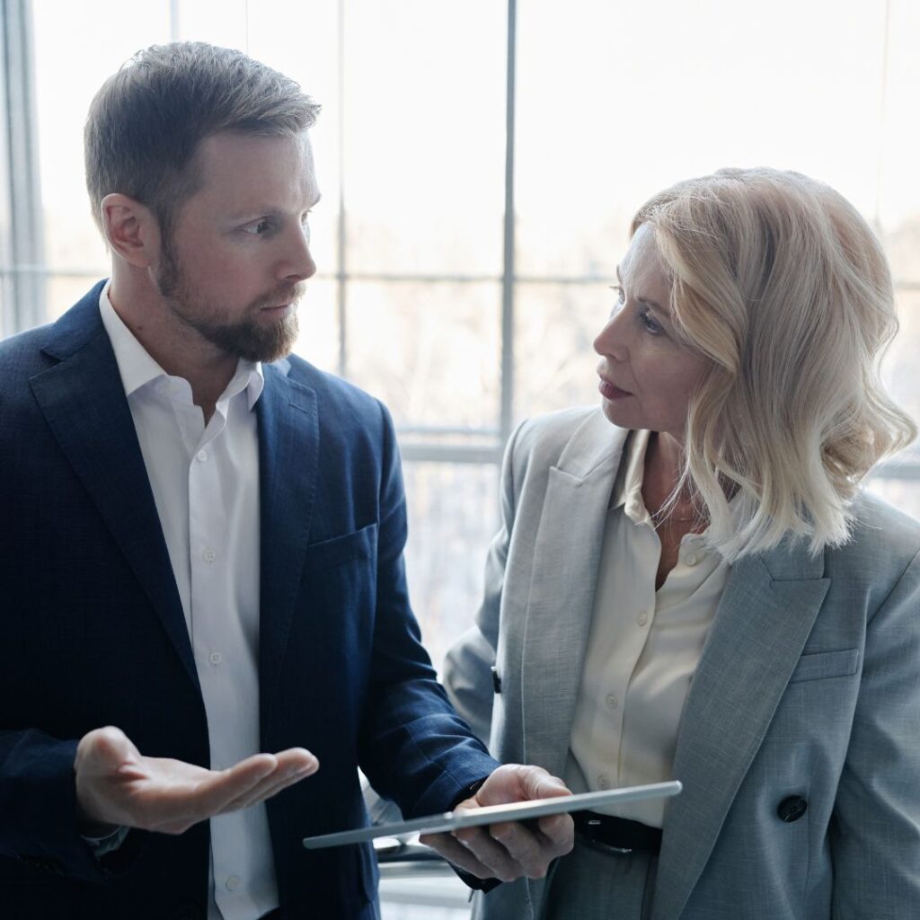 two adults talking